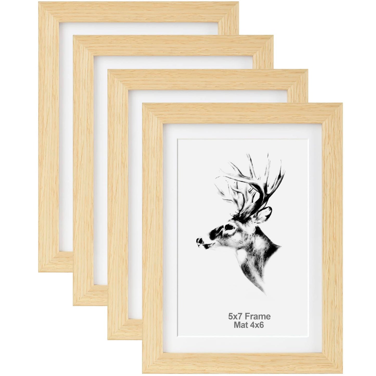 Yaetm 5x7 Oak Picture Frame with Mat for 4x6 Set of 4, Natural Solid Oak Wood Photo Frames 5 x 7 with Tempered Glass, Display on Tabletop or Wall Mounting