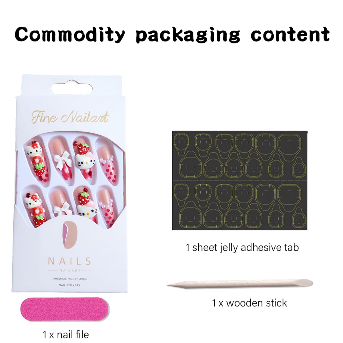 Cute Press on Nails Long Coffin Fake Nails with Glue Strawberry Bow Cat Nail Charms Design Cartoon Acrylic Nails for Women DIY 24Pcs Full Cover French Tip False Nails