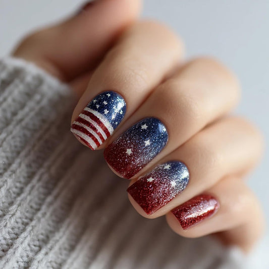 Independence Day Press on Nails Short Square Acrylic Nail Gradient American Flag with White Stars Glitter Fake Nails Patriotism 4th of July Press Ons Artificial Fingernails for Women Festival Manicure