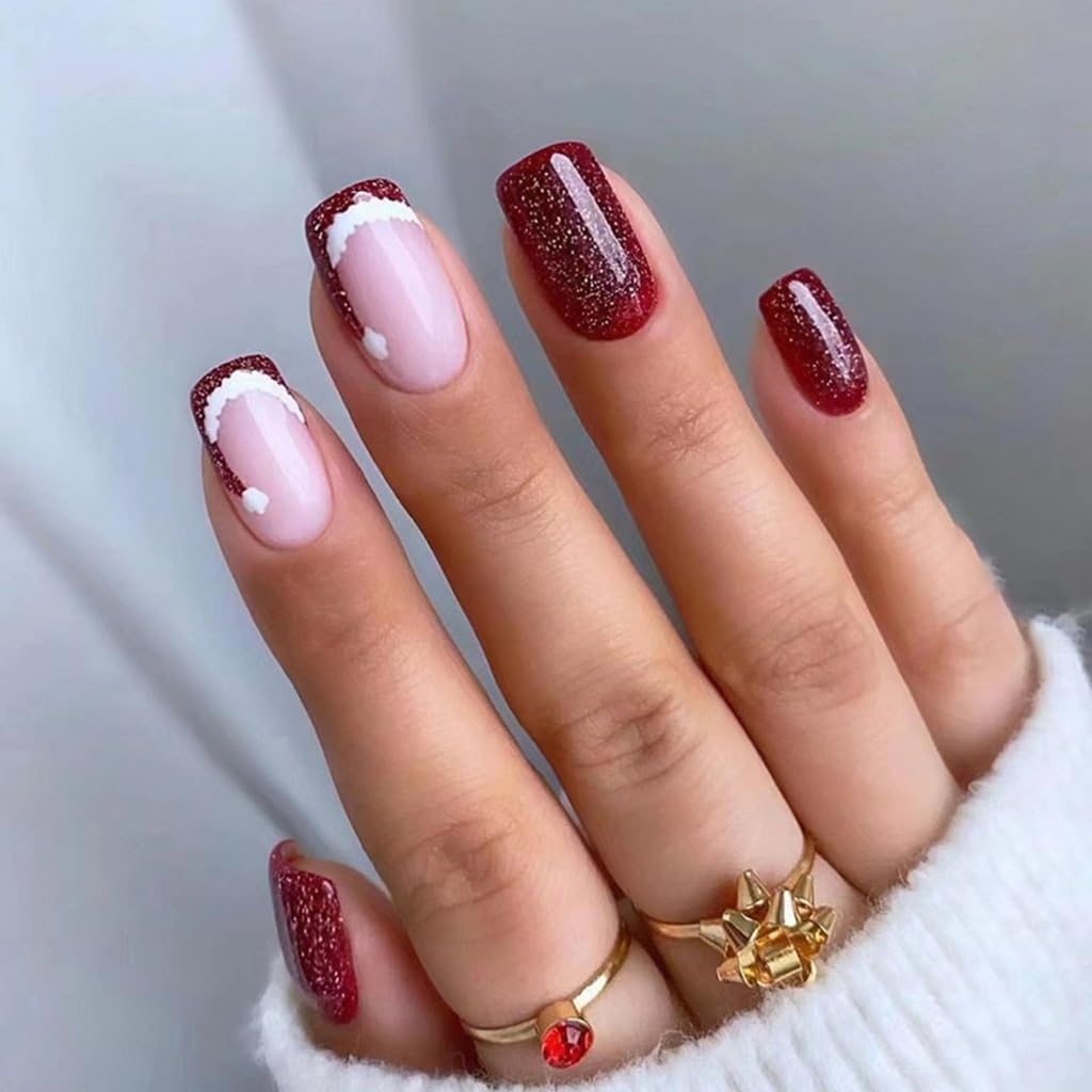 6 Packs (144 Pcs) Christmas Press on Nails - Square, Red, Short, Medium, Snowflake False Nails - Glue on, Fake, Stick on Nails for Women - 12 Sizes, 6 Styles