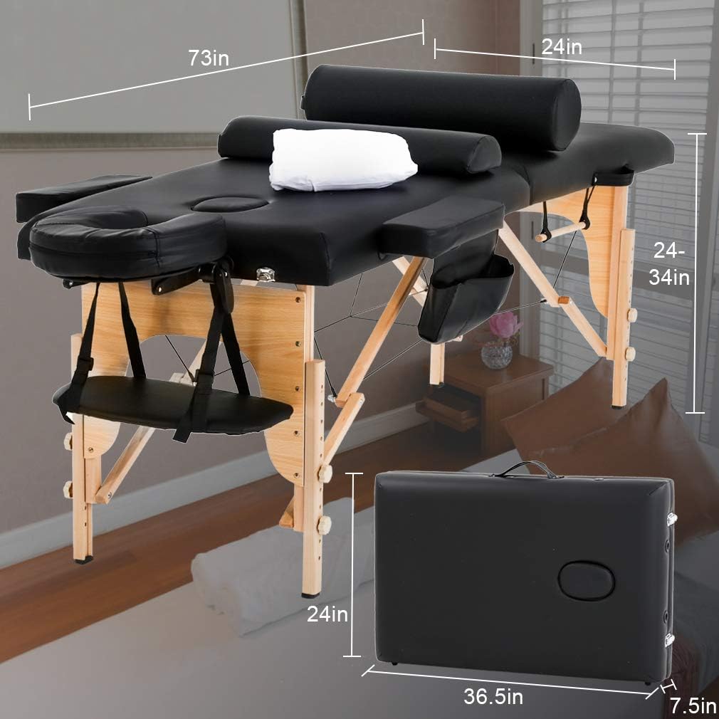 BestMassage Massage Bed Portable Massage Table 24 inch Wide Lash Bed Height Adjustable 2 Folding Spa Table with Towel Hanger Oil Pouch Half Bolster Round Bolster Non-Woven Bag