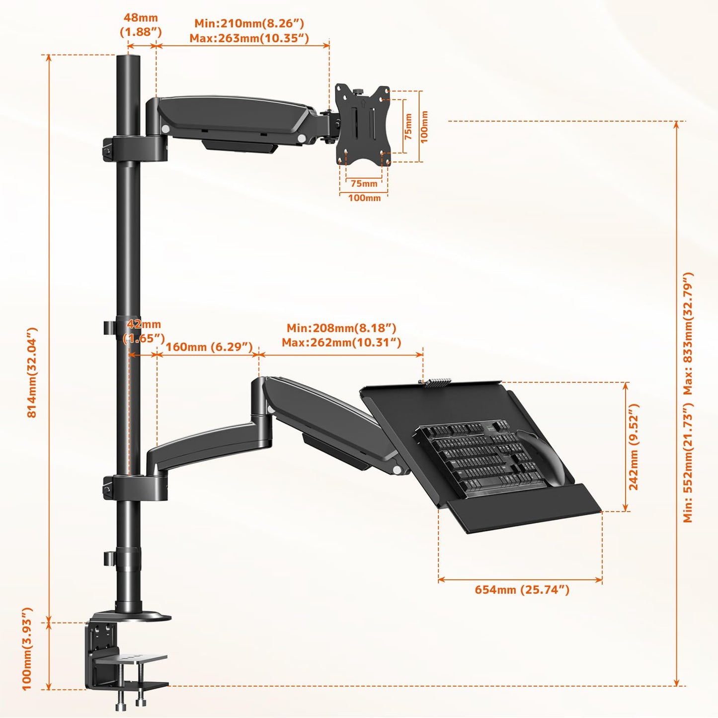 PUTORSEN Sit Stand Monitor Desk Mount for 17-32 inch Screens, Height Adjustable Full-Motion Articulating Arm with Keyboard Tray,19.8 lbs Monitor & 2.2lbs Tray Capacity, C-Clamp & Grommet Mount,Black