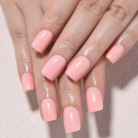 evpct Light Nude Pink Short Press on Nails Square, Glossy Soft Gel Acrylic Fake Press on Nail Manicure Kits, Reusable Artificial Stick on Nail for Women, Full Cover Easy Application Easy At-Home Salon