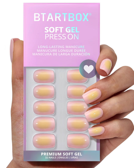 BTArtbox Press On Nails Short - Twilight Ease, Easy-to-Apply Pink and Yellow Square Press On Nails with Glue and Adhesive Tabs in 16 Sizes - 32 Nails All-in-One Kit
