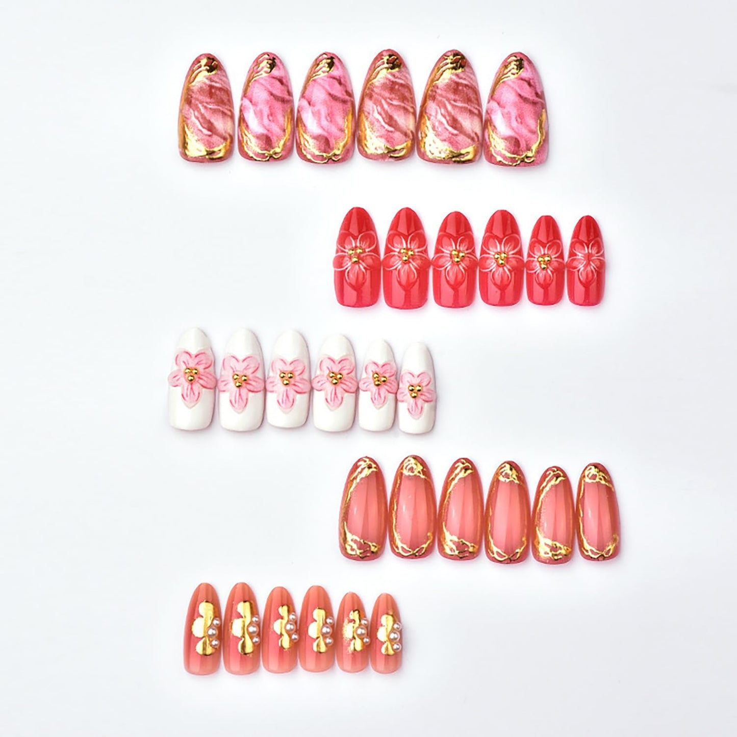 30Pcs Pink Press on Nails Medium Almond Fake Nails with 3D Flowers Pearl Designs Gold Flower False Nails Pink Gradient Acrylic Nail Tips Peach Blossoms Full Cover Stick on Nails for Women