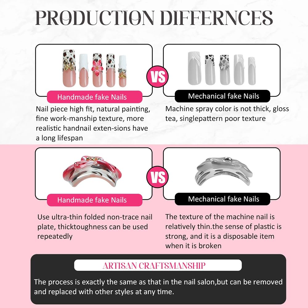 Handmade Press on Nails Long Stiletto Fake Nails French Tip Leopard print with 3D Flower Designs Pink Glossy Cute Acrylic Nails for Women 10pcs (Size M）