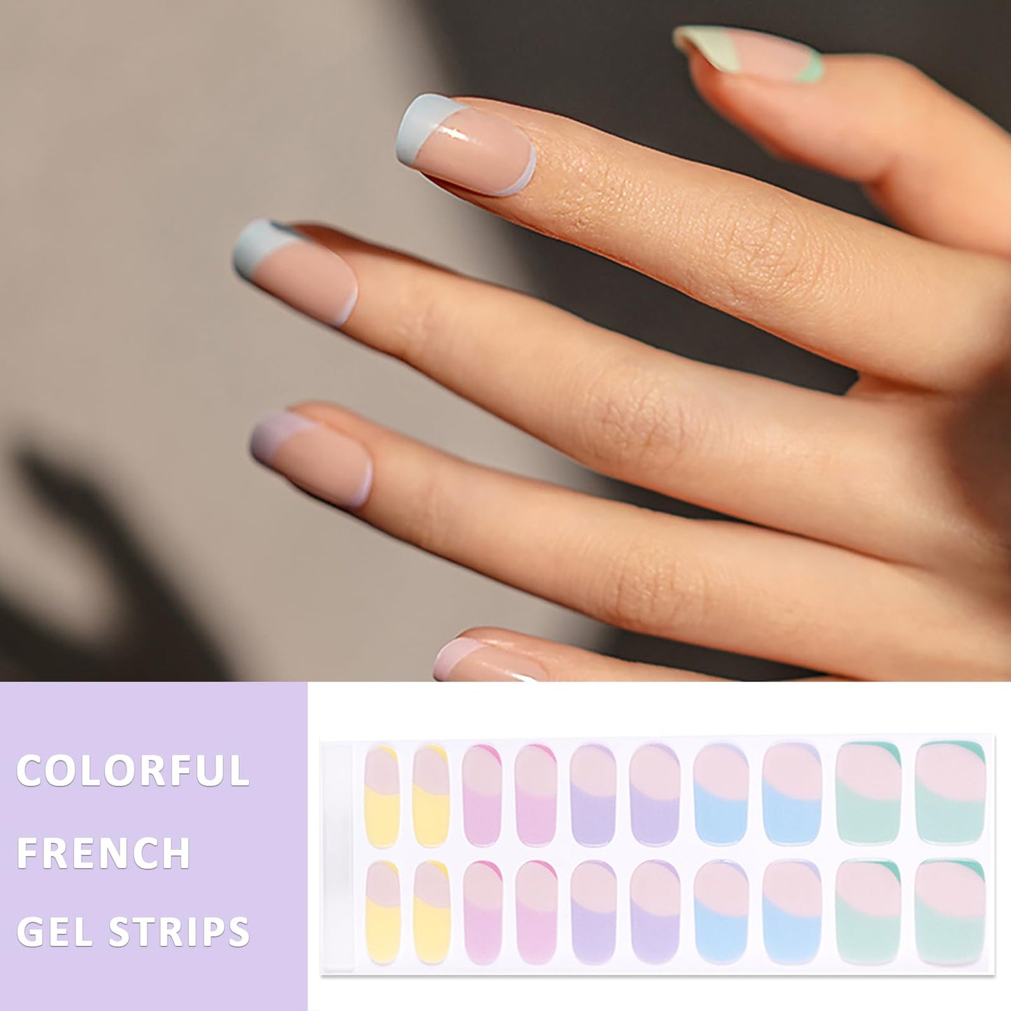 YECIRALA 2 Sheets 40 Tips Semi Cured Gel Nail Strips Kit (Marble & Colorful French Design), Semi Cured Nail Polish Strips Stickers Manicure Gel Nail Wraps Full Set with Nail File & Wooden Stick