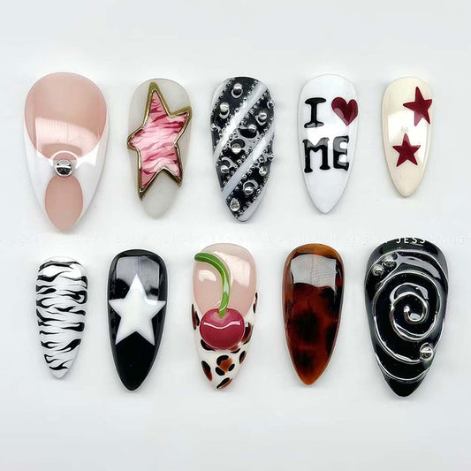 LINMEIZAI 24 Pcs French Tip Press on Nails Short Almond 3D Star Fake Nails Press ons Nail Tips Glue on Nails Y2K Acrylic Nail Kit with Black Swirl Design False Nails Spring Nail Art for Women