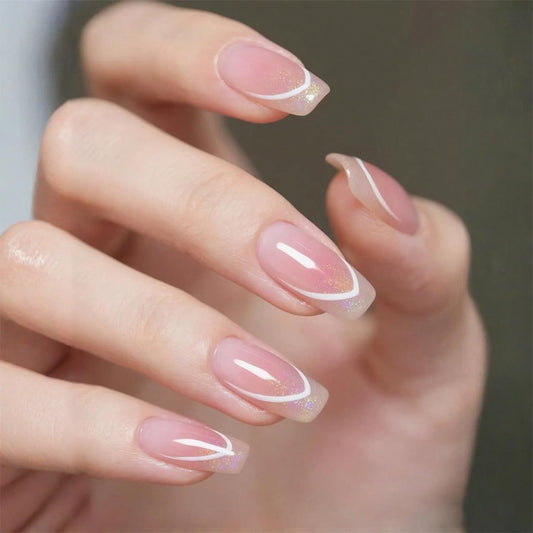 French Tip Press On Nails, Glossy Nude with White Accents, Easy Application, Long-Lasting & Durable False Nails for Women, Salon Quality, 24PCS