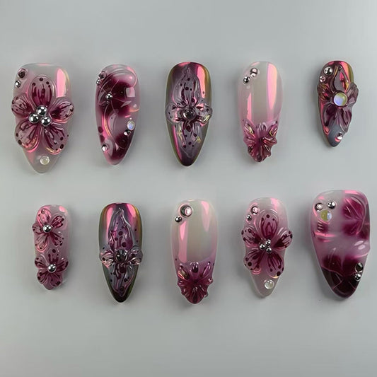 Flower Press on Nails Medium Almond Artificial Acrylic False Nails French Gradient Floral with Rhinestones Design Stick on Nail Full Cover Reusable Coffin Artificial Fingernails for Women Manicure