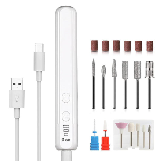 QCBF Portable Nail Polish Drill Grinder, Rechargeable Electric Nail File Machine for Acrylic Nail Gel Polishing Removal, Cordless Electric Nail File with Drill Kit for Nail Salon Home, White