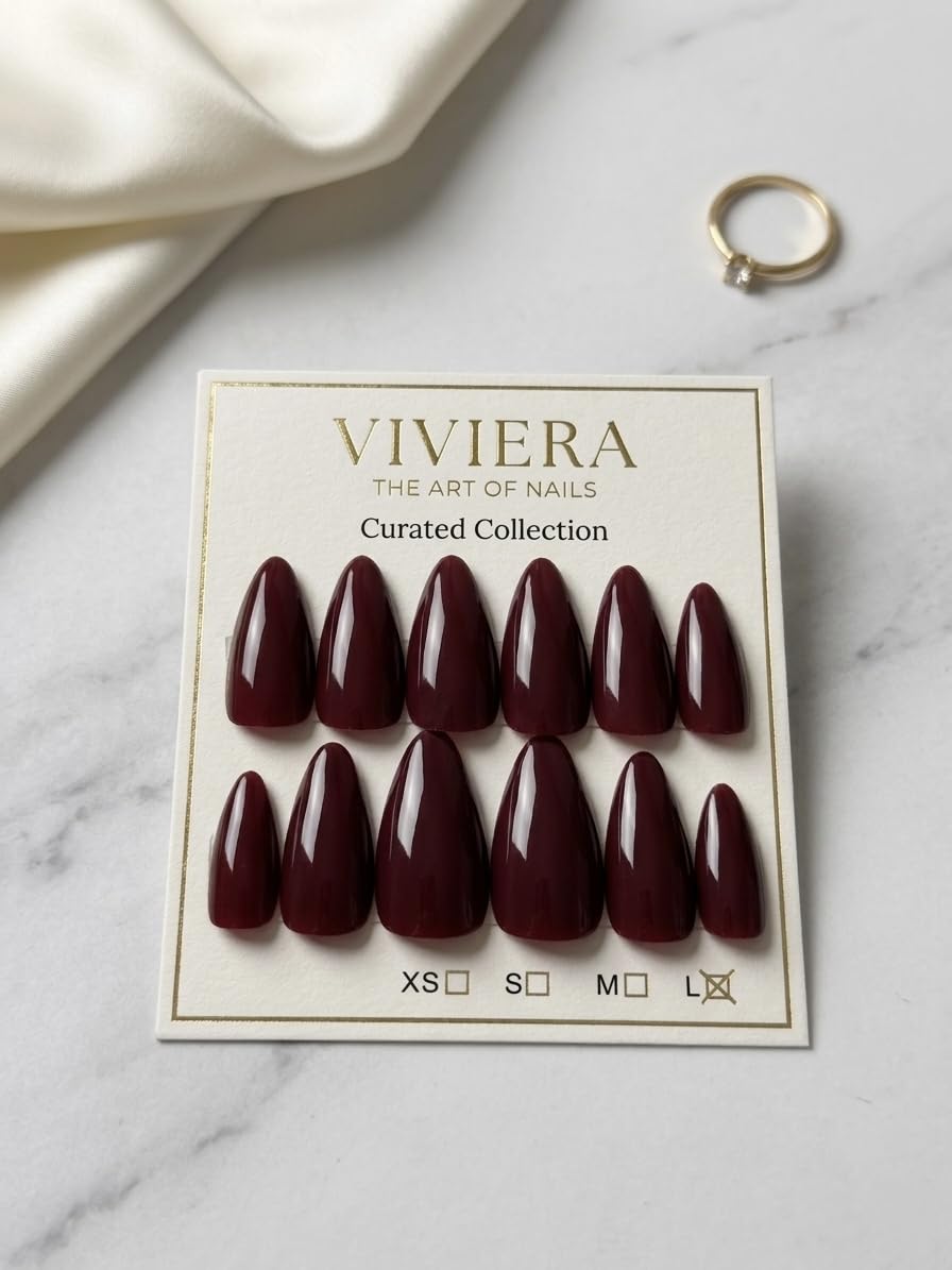 Viviera Press-On Nails, Deep Burgundy, Almond Shape, 12 Handmade Nails with Manicure Kit, Reusable