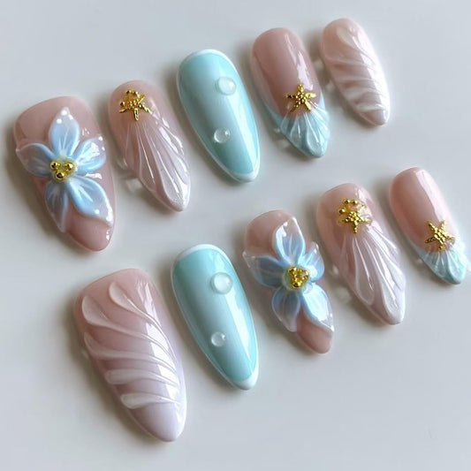 Mkwntg 24Pcs Blue Summer Press on Nails Medium Almond Fake Nails with 3D Gold Beads Starfish Design Ocean Beach French Tip Acrylic False Nails Spring Flower Full Cover Stick on Nails for Women Decor