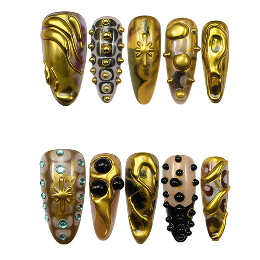 WZHAOJUN Handmade Press On Nails,Medium Gold Vintage Presson Nails For Women,10pcs Abs Material Fake Nails With Design-Reusable Glue On Hand Made Nails For Party Wedding(10Pcs Size M)