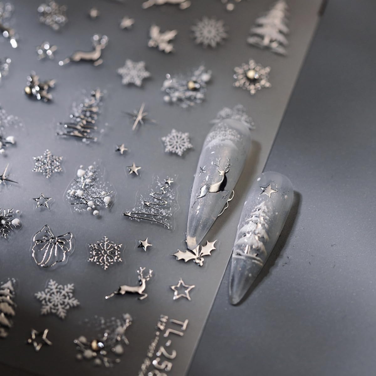 Christmas Nail Sticker 5D Embossed Sliver Reindeer Xmas Tree Snowflake Nails Art Sticker Self Adhesive Nail Decals Holiday Nail Art for Women Manicure Supplies Nails Art Decorations