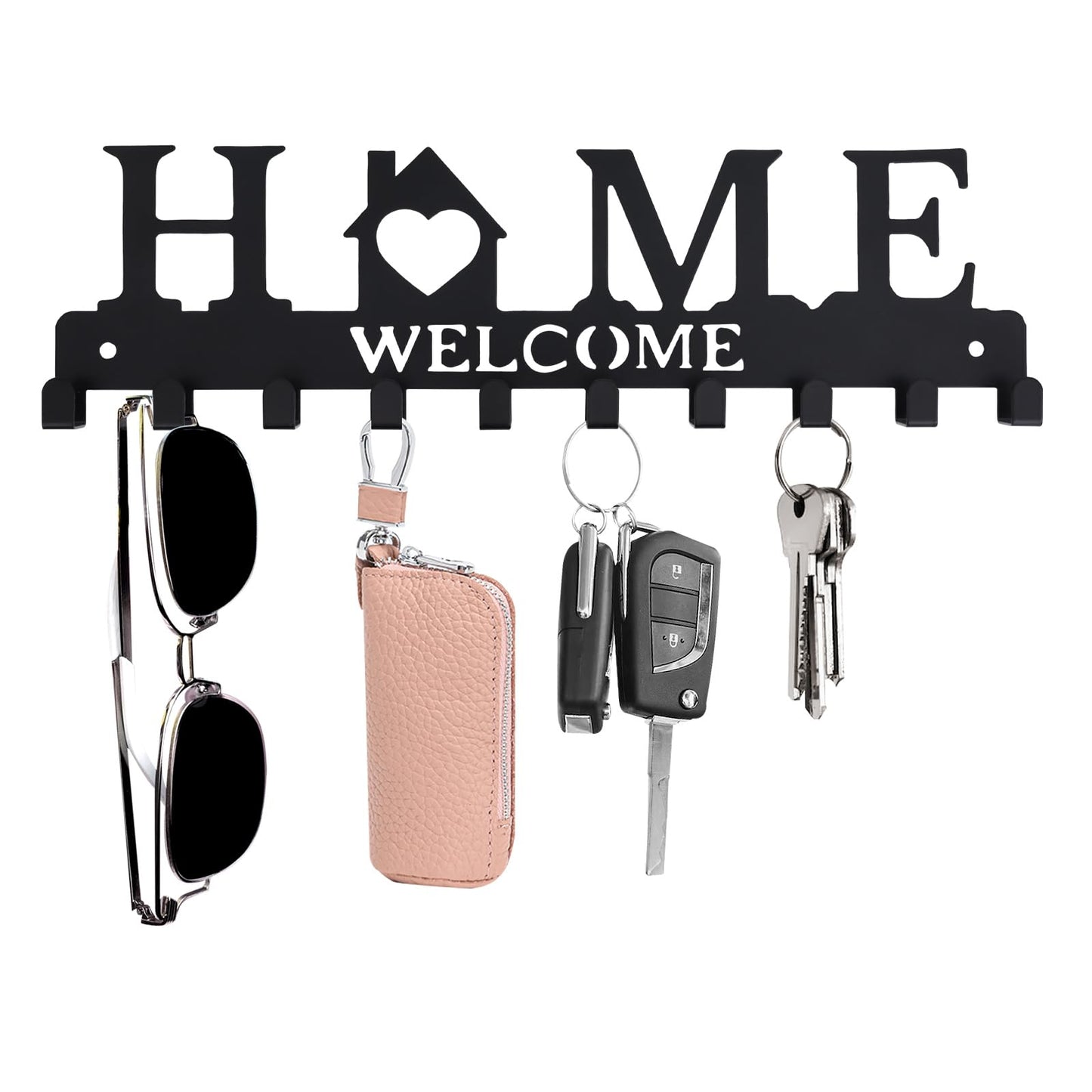 Key Holder Wall Mount, Adhesive Metal Key Hanger with 6 Double Hooks, 2 Installation Methods, Black