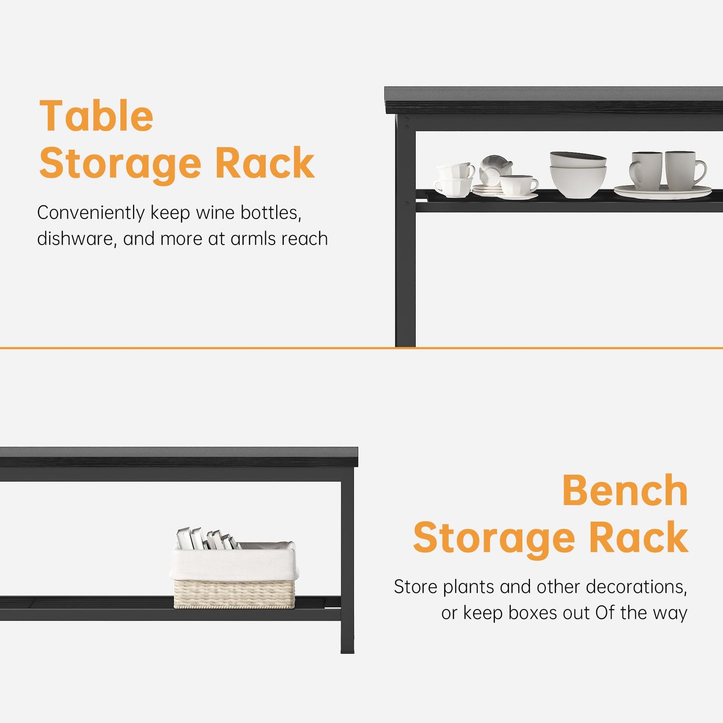 Lamerge 3-Piece Dining Table Set, Industrial Kitchen Table and Chairs Set for 4, Dining Table and 2 Benches with Storage Shelf, Dining Table Set for Dining Room Kitchen, Black