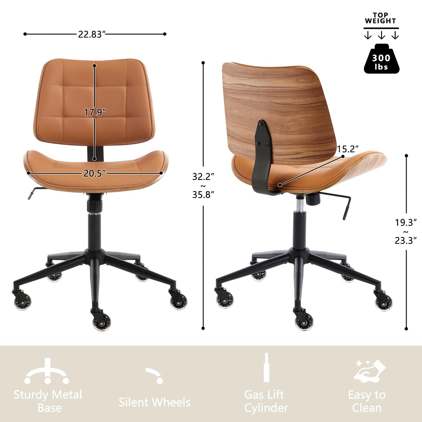 BERYTH Home Office Desk Chair with Wheels, Adjustable Height Armless Office Chair, PU Leather Mid Back 360° Small Computer Chair, Modern Walnut Chair No Arms for Office, Reading Meeting Room(Brown)