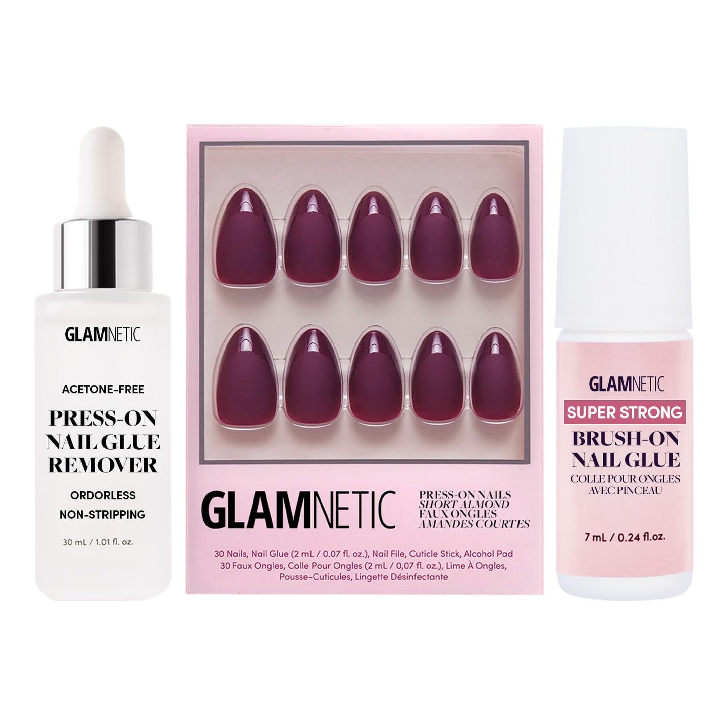Glamnetic Press-On Nails - Merlot | Super Strong Brush On Nail Glue & Press-On Nail Remover | Matte Short Almond Dark Red Nails with Glossy French Tips | 15 Sizes - 30 Nail Kit with Glue and Remover