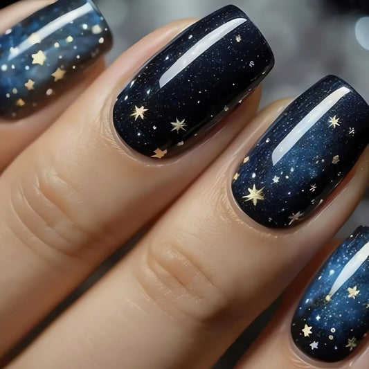 24 Pcs Dark Blue Starry Sky Press on Nails Short Square Fake Nails Press ons Acrylic Nail Art Kit Glue on Nails Stars Design Acrylic False Nail Glossy Full Cover Artificial Stick on Nails for Women