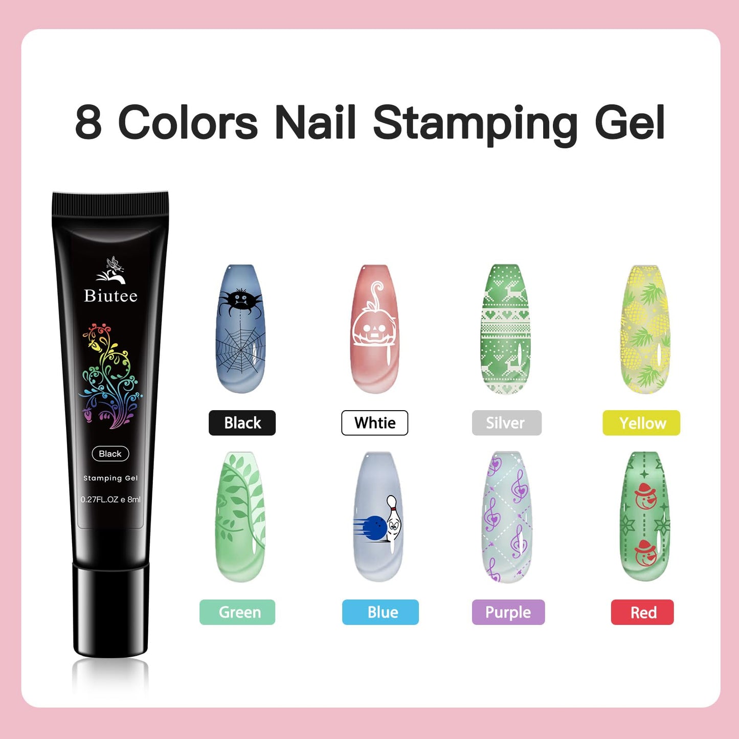 Biutee Nail Stamper Kit with Clear Stamper and Scraper, 10 Nail Stamping Plates and 8 Gel Stamping Polishes, UV Cure Required, Floral Animal Leaves French Nail Art Set for Beginners
