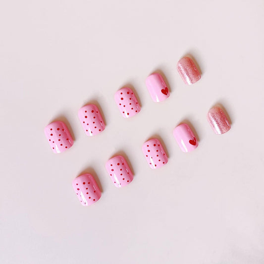 Valentine Pink Press on Nails Short Square Fake Nails Red Polka Dot - Glitter Heart Valentine False Nails for Women Line Full Cover Glue on Nails Reusable Short Acrylic Nails Manicure Kit 24Pcs