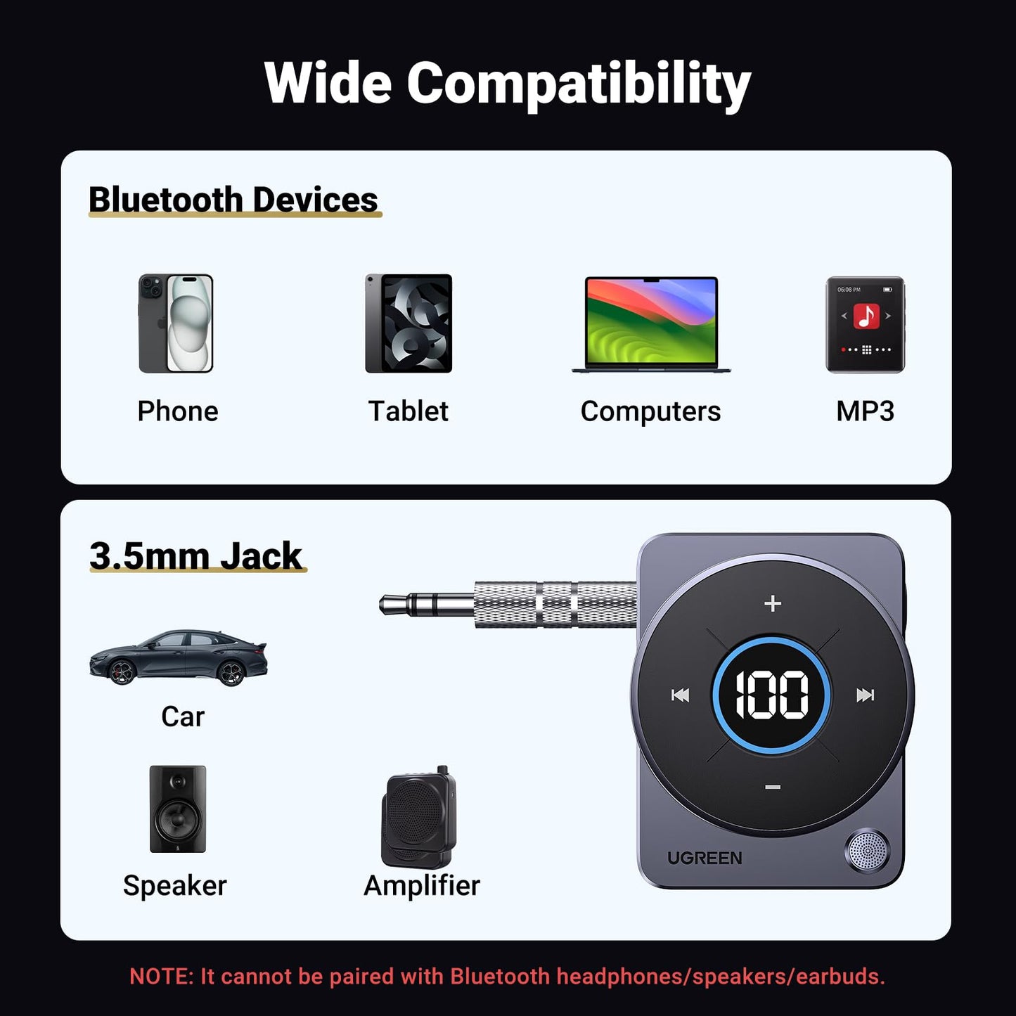 UGREEN 5.4 Bluetooth Car Adapter, [Noise Cancellation] Aux Bluetooth Receiver for Car, 3.5mm Wireless Audio Receiver for Music/Hands-Free Call/Home Stereo/Wired Speaker, 20H Battery Life