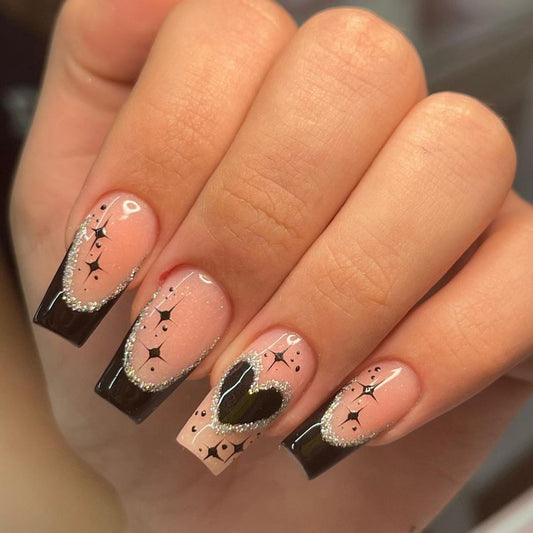 Medium Press on Nails Coffin - Black French Tip Fake Nails with Heart Star Design - Glitter Glossy Full Cover Stick on False Nails - for Women 24 Pcs