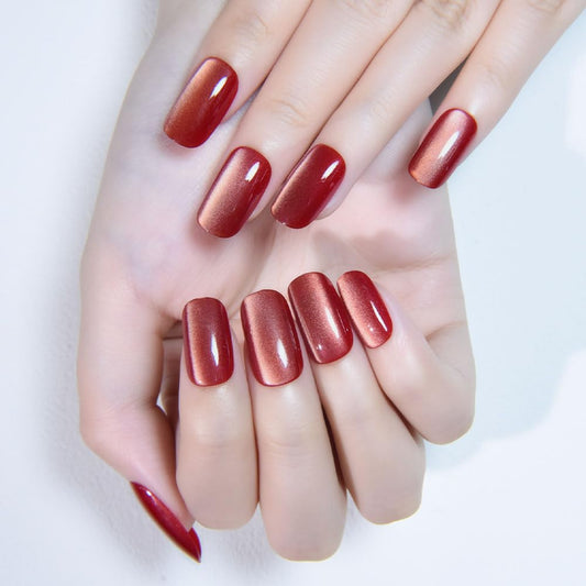 XZMeiLun Cat Eye Press On Nails - Glitter Rose Red Medium Square Magnetic Acrylic Fake Nails, Stylish Design, Salon-Quality Shiny Finish, Reusable Stick On Nails Kit for Women (No Glue Included)