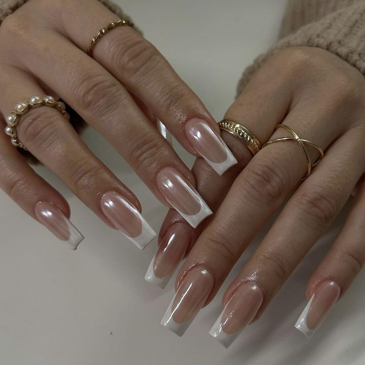 White French Tip Press On Nails Long Square - KQueenest Chrome Press On Nails Coffin, Glazed Gel Fake Nails Press on, Mirror Shine Natural French Glue on Nails Ballerina Stick On Nails for Wedding