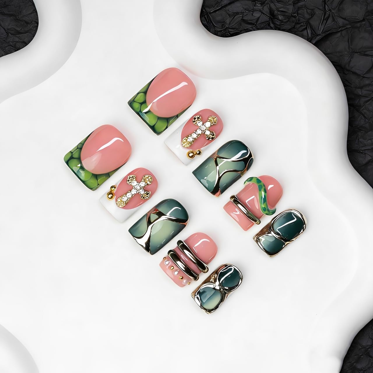 Handmade Square Press on Nails Green French Tip Short Stick on Nail 3D Silver Embossed Designs Luxury Rhinestone Pearl False Nails Muti-Layer Gel Acrylic Nails for Women Manicuare 10 Pcs（M)