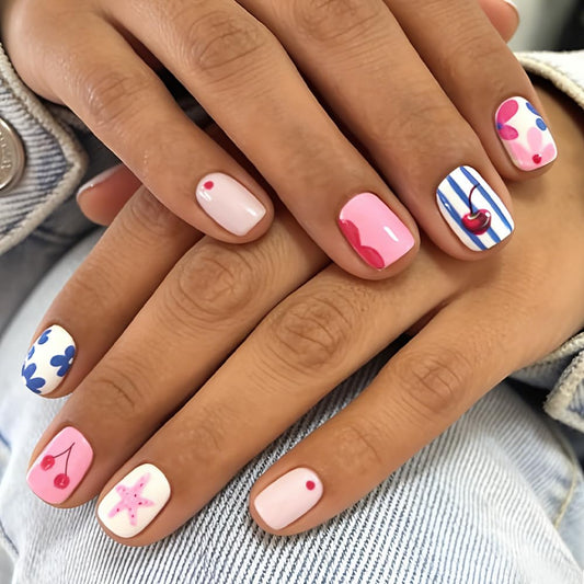 24Pcs Summer Press on Nails Short Square Fake Nails QUNQINLI False Nails with Cherry Starfish Flower Striped Designs Acrylic Nails Press ons Full Cover Glossy Glue on Nails Stick on Nail for Women