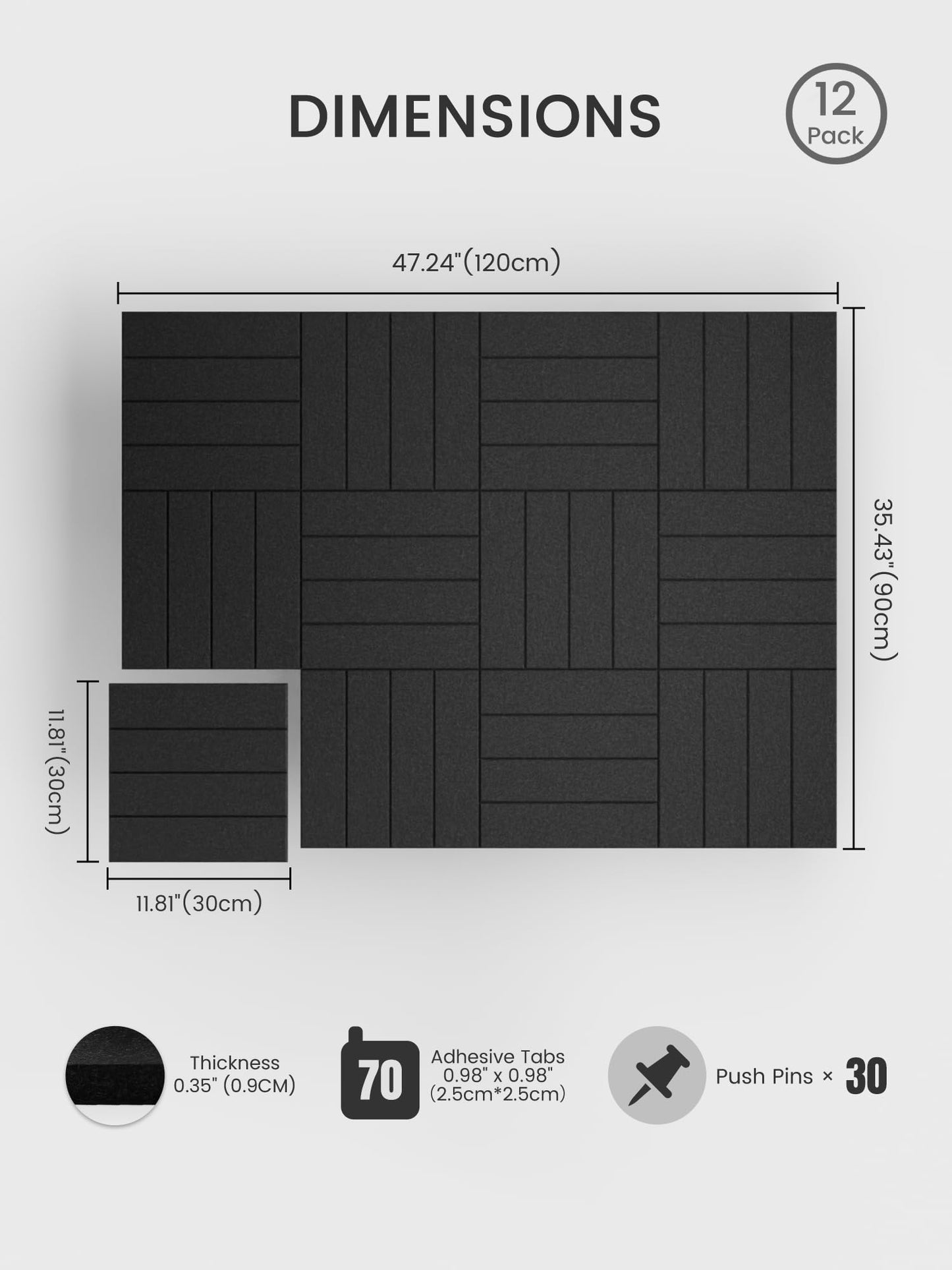 Bumusty Large Cork Board Alternative-48 x 36" Felt Bulletin Board Tiles, with 30 Pushpins, 70 Adhesive Tabs, Bold-Stripe 12-Pack, Cork Boards for Office Push Pin Board Felt Board-Black