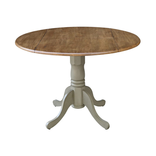 IC International Concepts, 42" Round Dual Drop Leaf Pedestal Dining Table, Solid Real Wood, Sturdy Parawood, Distressed Hickory/Stone