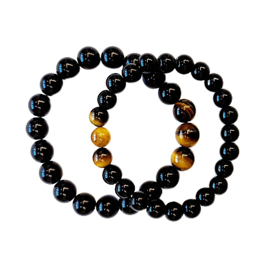 WEFRIN Triple Protection Bracelet for Bring Luck and Prosperity Hematite Black Obsidian Tiger Eye Stone Bracelets for Men Women, Beaded Buddha Healing Rope Uni Bracelet (2pcs) (J)