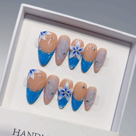 10pcs Handmade Press on Nails Almond Medium False Nails Blue French Tip Fake Nails with 3D Flower Designs Glossy luxury Rhinestones Cute Acrylic Nails for Women (Size M）