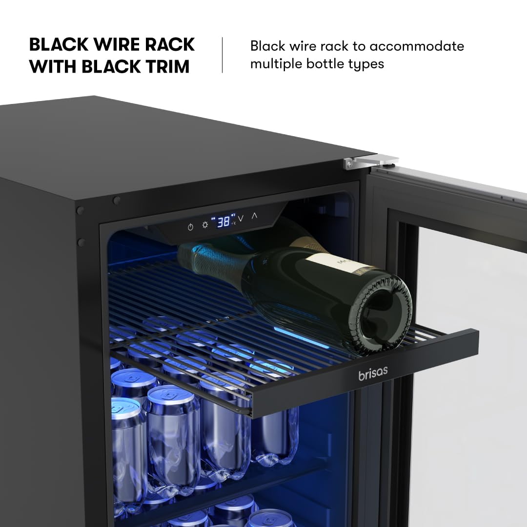 Zephyr Brisas 15 Inch Slim Beverage Fridge Single Zone Under Counter - Narrow Mini Wine & Drink Cooler Small Cabinet Wine Refrigerator Home Bar Freestanding with Glass Door - 4 Bottles, 64 Cans