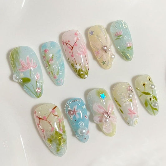 NEWSPIED Medium Almond Press on Nails Spring Summer Floral Fake Nails with Pearl Rhinestone 3D Flower Design Blue Pink Glossy Reusable False Nails Cute Handmade Stick on Nails for Women Manicure 30Pcs