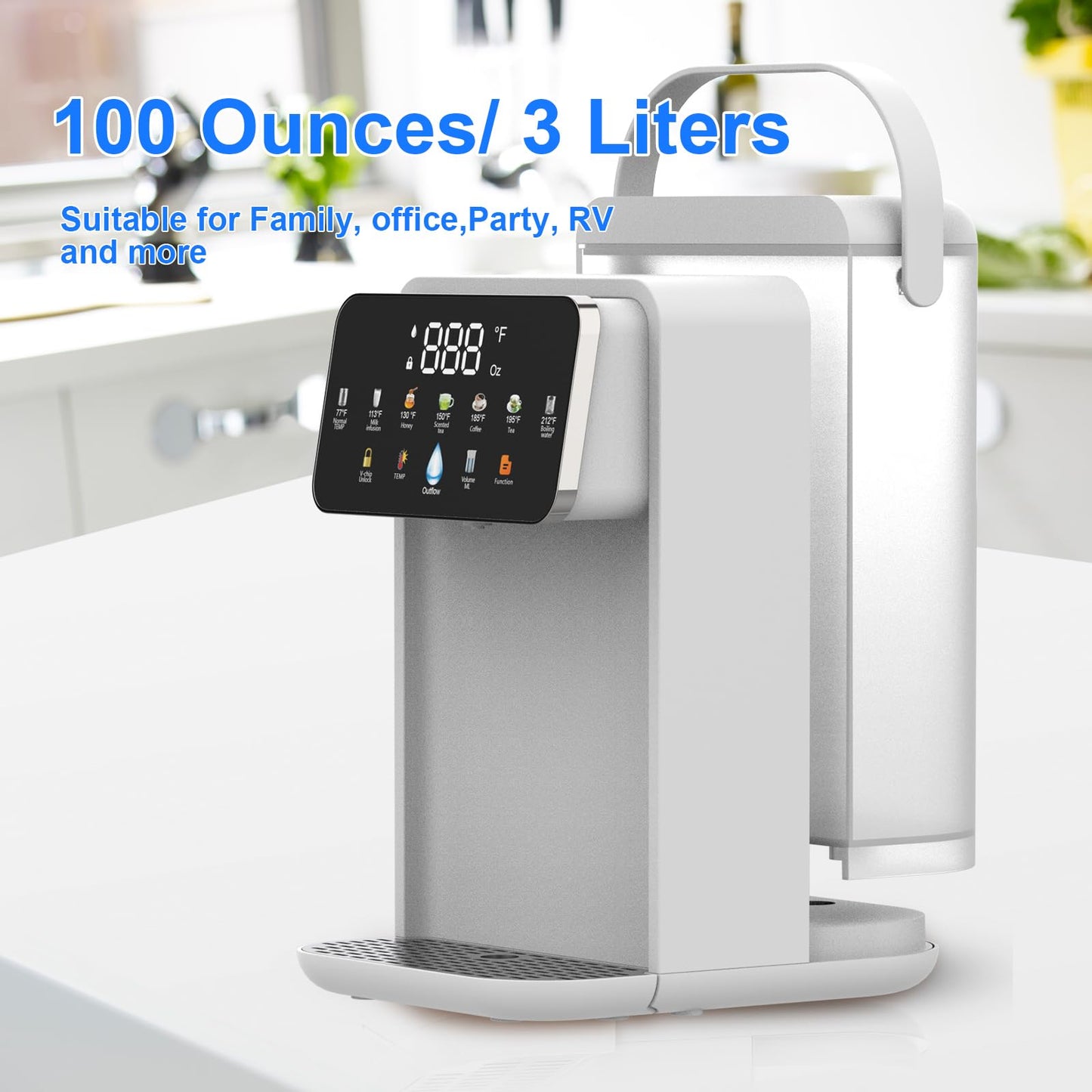 Instant Hot Water Dispenser Countertop for Rapid Heating & Quiet Design Adjustable 7 TEMP & 7 Water Volume Dispense 0.8Gal/3L Removable Water Tank with Carrying Handle BPA Free Fit Kitchen Counter
