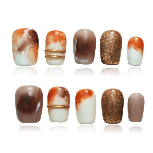 Tesytto Brown Press on Nails Extra Short Coffin Nails, Handmade 3D Gold Lines & Marble Watercolor Ombre Design Glitter Artificial Luxury Acrylic Nail Set (Vintage Gold-Brown,M)