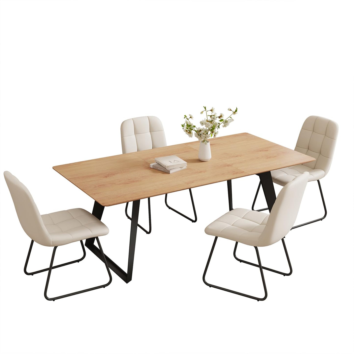 ZckyCine 63"-79" Expandable Dining Table Set for 6, Wood Table & 6 White Chairs, Extendable Kitchen Dining Table Set for Kitchen & Dining Room, Modern Oak & White