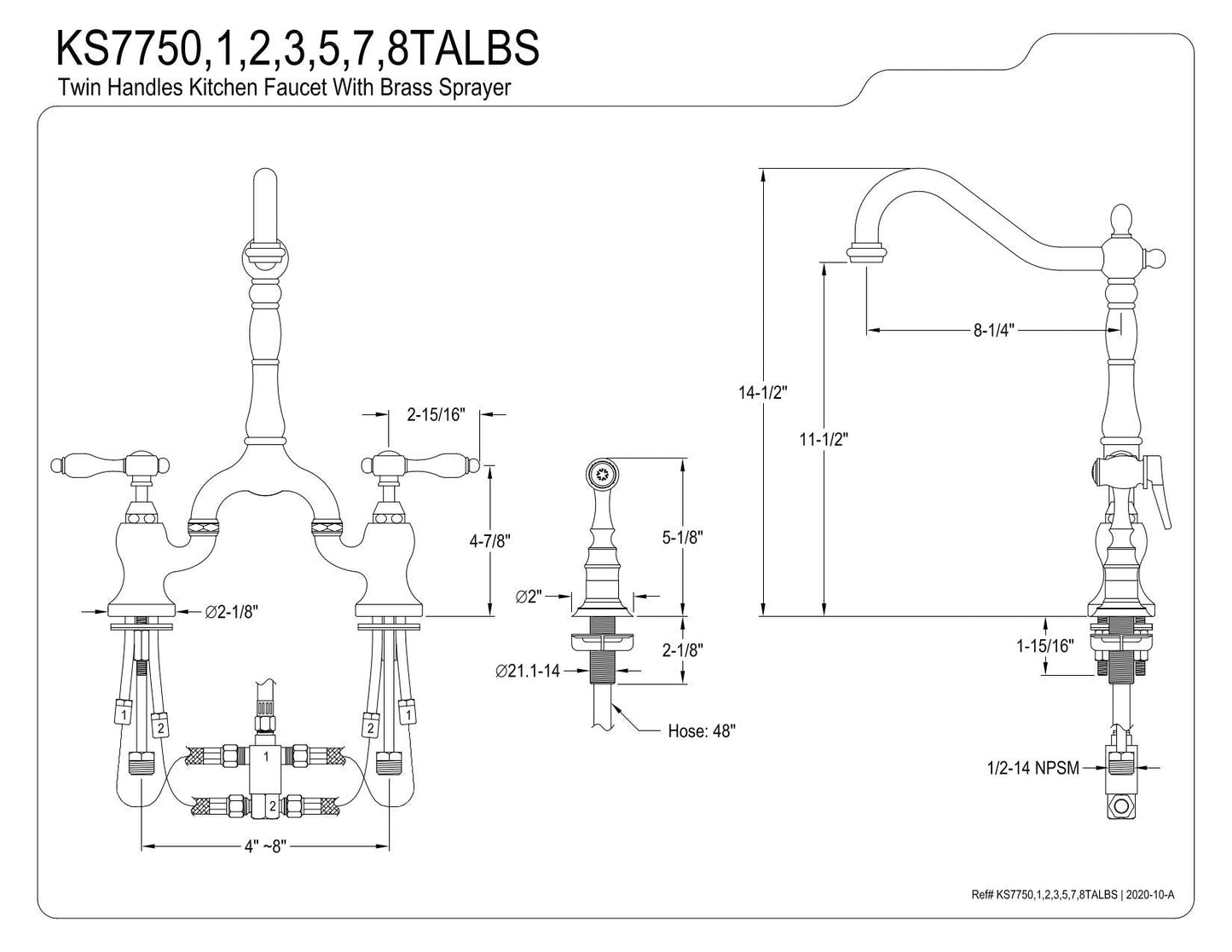 Kingston Brass KS7752TALBS Tudor Bridge Kitchen Faucet, Polished Brass, 13.88 x 8.25 x 14.5