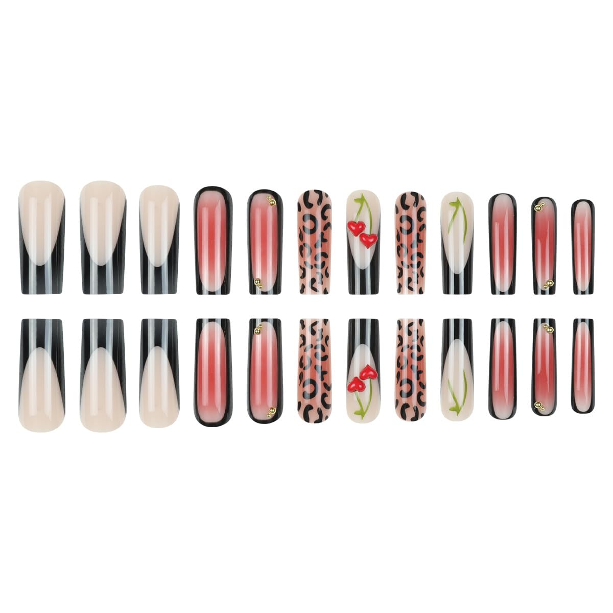Long Square Press on Nails Fake Nails Artificial Nail Stick on Nail for Women, Leopard Print & Hearts, Black White French with Gold Bead Accents