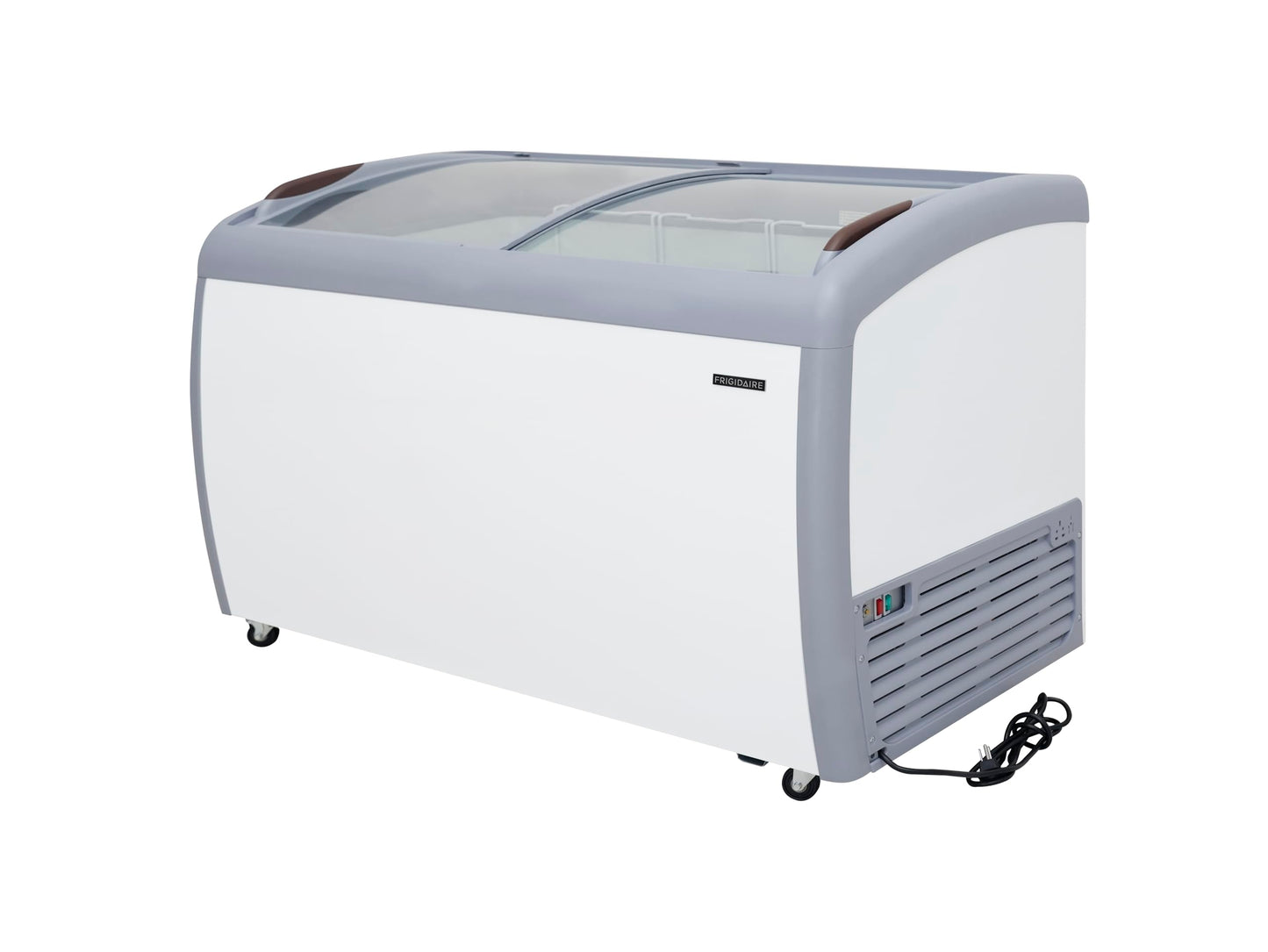 Frigidaire Commercial Chest Freezer for Ice Cream and Frozen Foods, Store Displayer, Glass Top Storage Case, 9 Cu. Ft. Bin, Rolling Caster Wheels, Adjustable Temperature, Energy Efficient Cooling