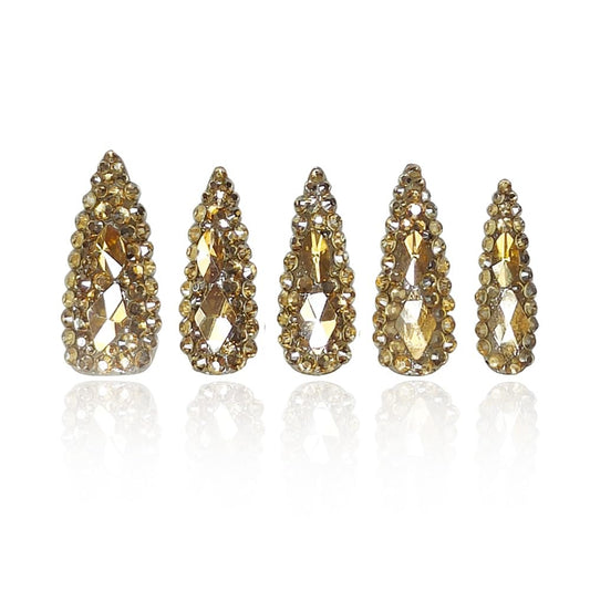 GGddsha 2025 New Full Diamond Medium Almond Press on Nails Reusable PMMA Acrylic Handmade Nails Full Deluxe 3D Crystal Fake Nails w/Box Gift for Women (Gold, Medium)
