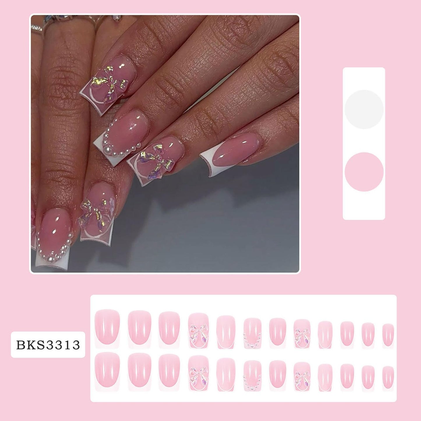 FIEONCIY Press on Nails Square Short Length Glossy Full Cover Acrylic Short Square Shaped False Nails with French Designs Artificial Fake Nails Glue Stick ons Fingernails for Women Girls(W2445)