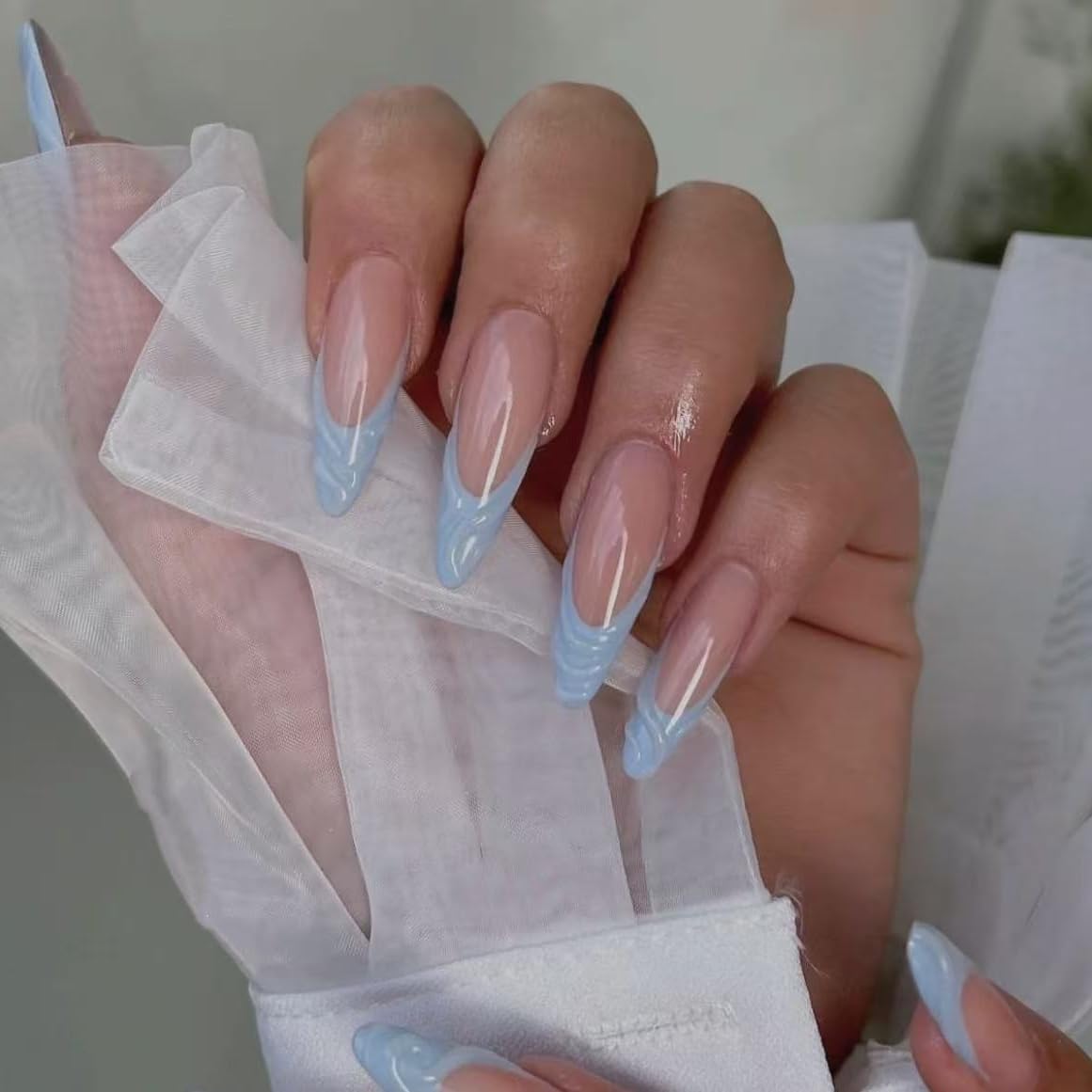 Handmade French Tip Press on Nails Medium Almond Fake Nails with Designs Blue French Tip False Nails Press ons on Nails for Women Manicure 10pcs (MT-120-M)