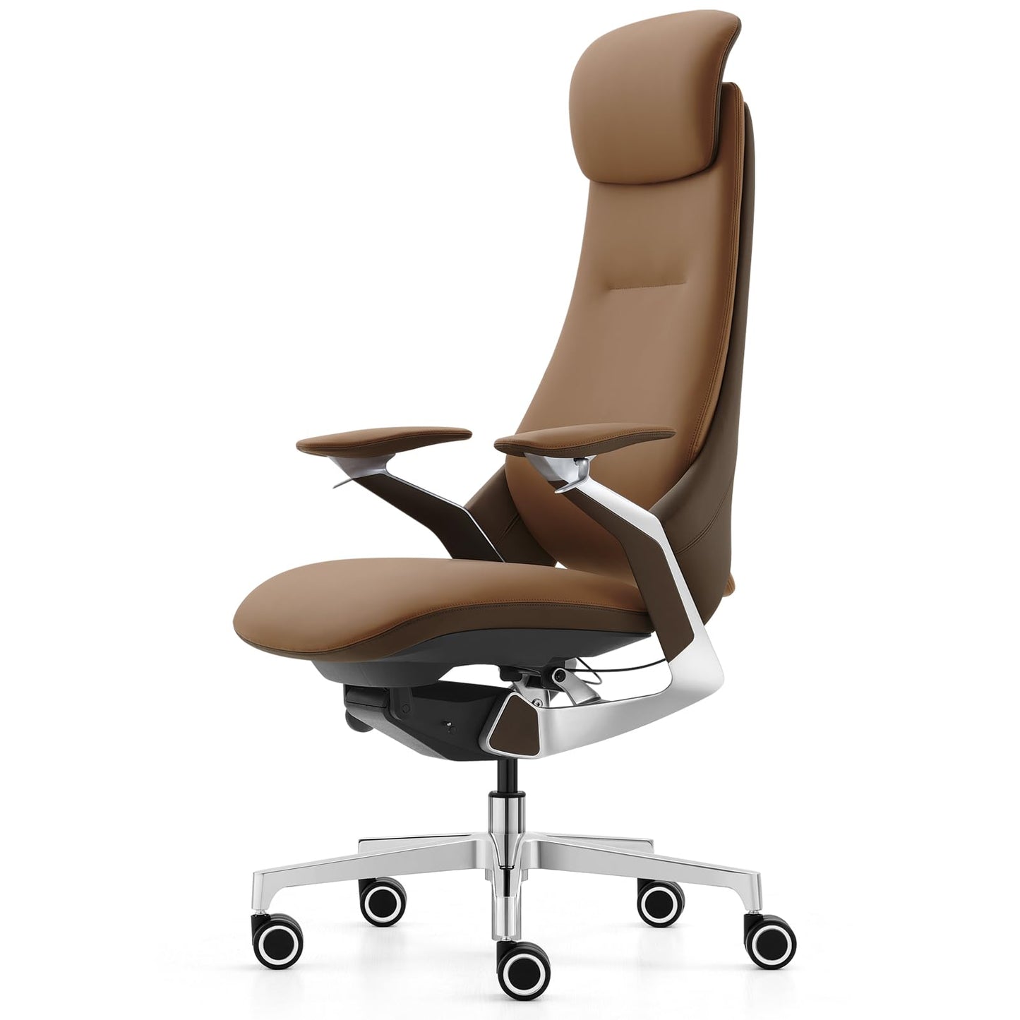 Genuine Leather Executive Office Chair, Ergonomic Comfortable Computer Chair, Adjustable seat Height/headrest Height, with tilt Lock, high-Back Home Office Desk Chair. (Caramel Brown/Dark Brown)