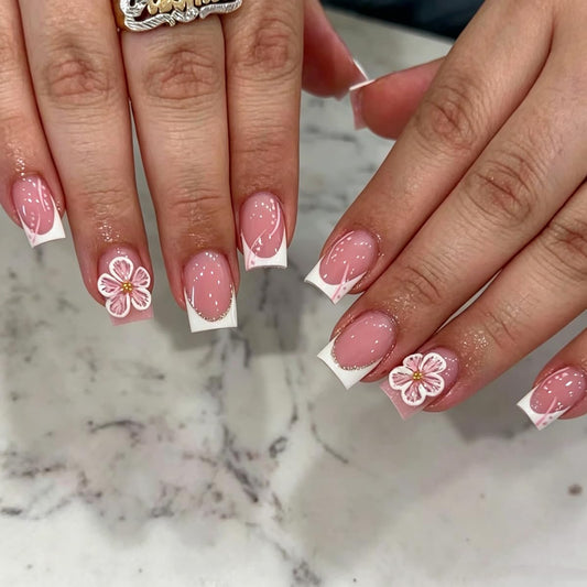 White French Tip Press on Nails Short Square Fake Nails with 3D Flower Design Nude Base False Nails Press ons Acrylic Glossy Cute Glue on Nails for Women Girls Manicure 24Pcs