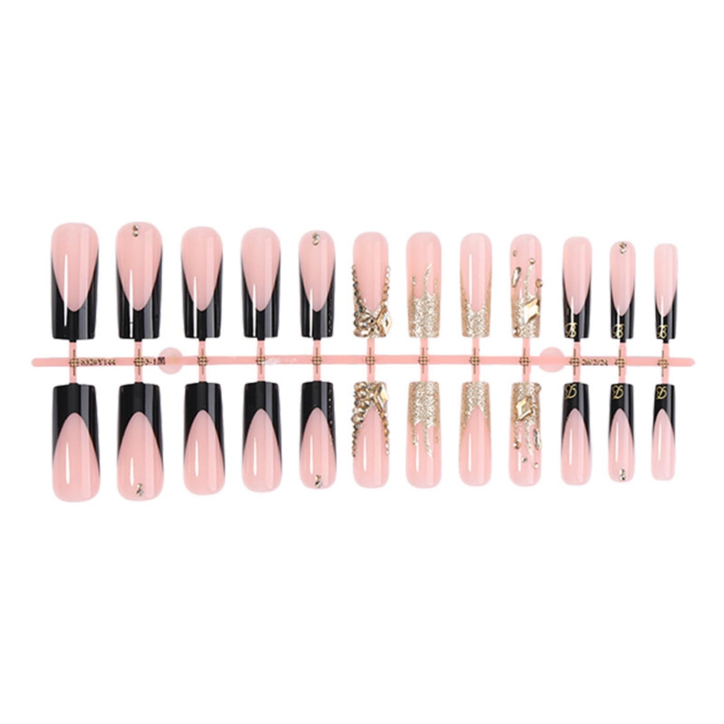 Long Press on Nails Square Fake Nails Black Artificial Nail Gold Glitter Rhinestone French Tip Luxury Charm Glossy Stick on Nail Glam Party Look for Women 24pcs